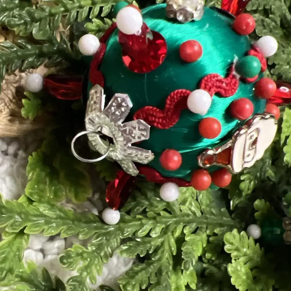 Set of 2 Mini Push Pin Sequins Satin Thread Ball Christmas Ornaments Santa Peace